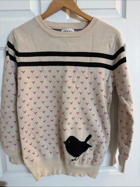 Oxknit Cream Crewneck Sweater with Pink Heart Motif and Black Bird- adorable
